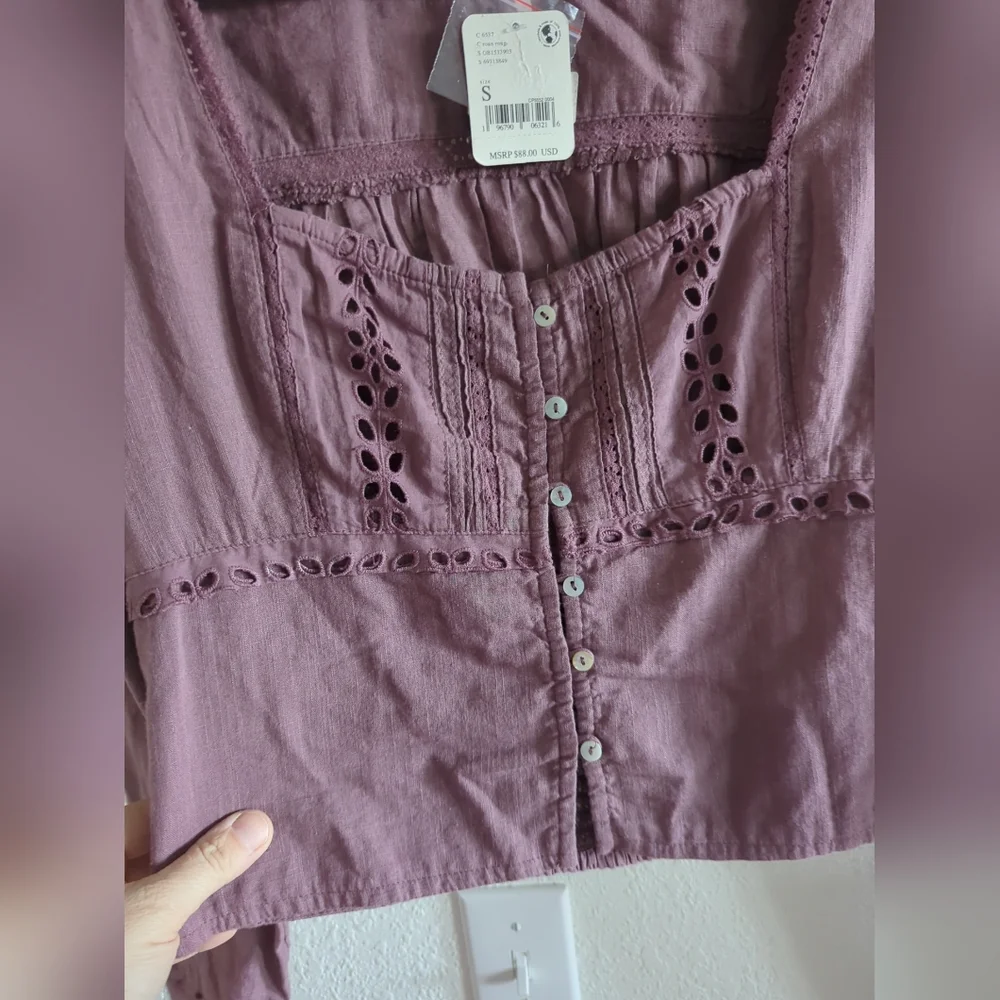 NWT Free People Joi Eyelet Crop Blouse in Roan Rouge Size Small $88